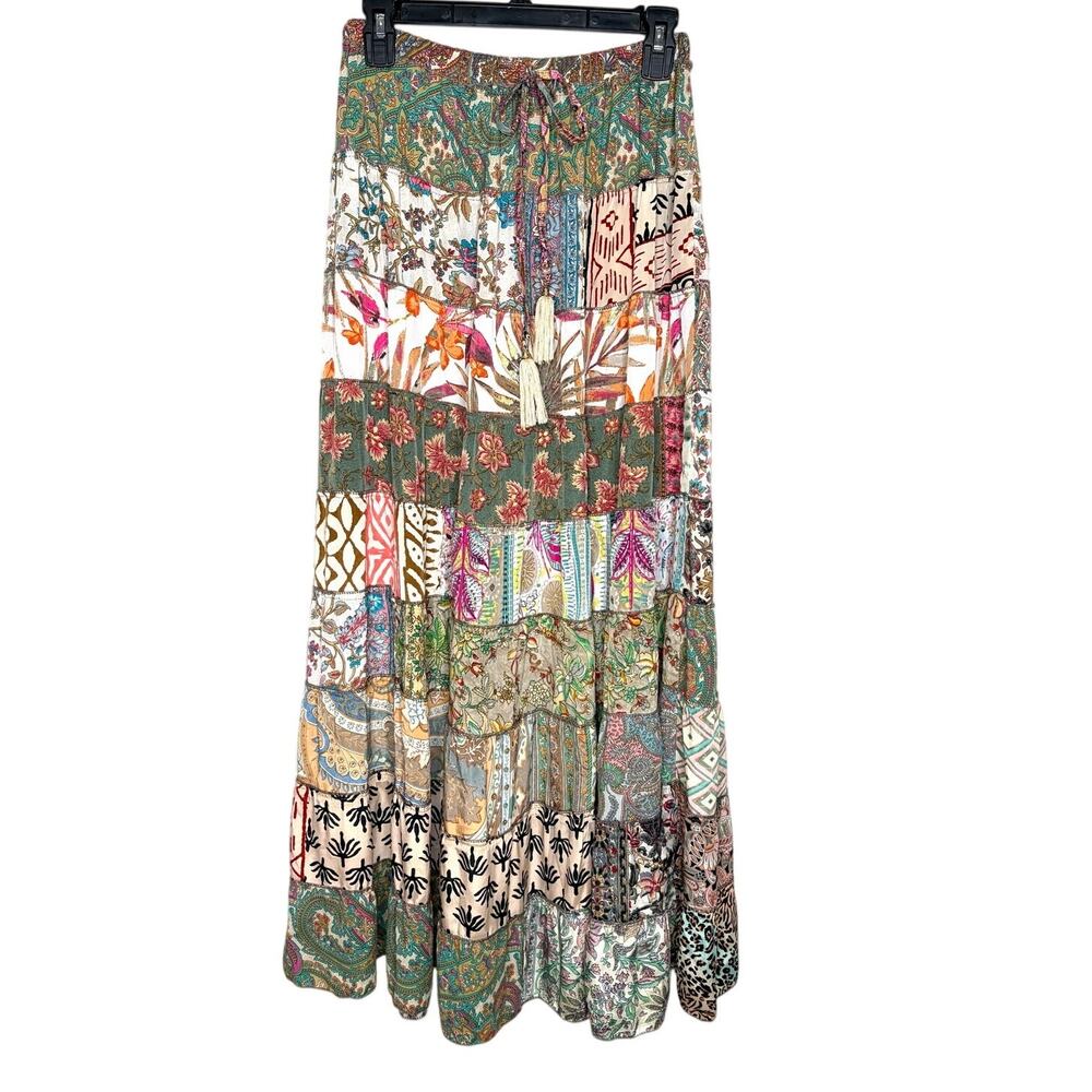 Colorful Silk Blend Floral Patchwork Tiered Ruffle Maxi Skirt Sz S* Gypsy Boho